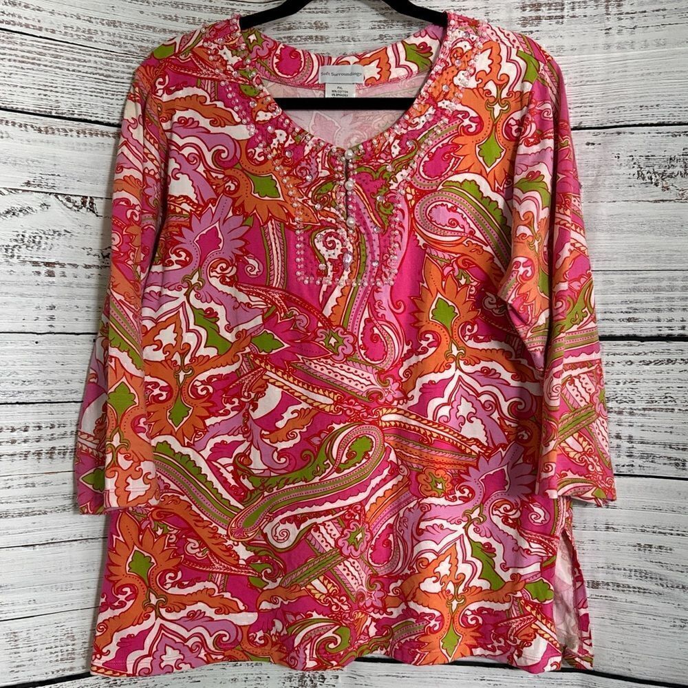 Soft Surroundings Top Womens Sz P XL Tunic paisley Beaded Boho Cotton Blend